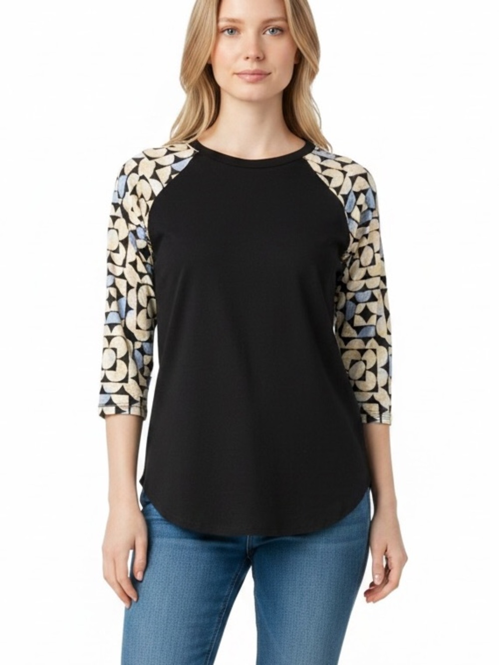LuLaRoe Black Raglan Top with Yellow & Light Blue Patterned Sleeves